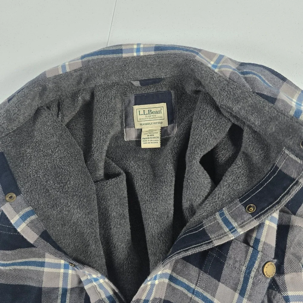 LL Bean Mens‎ Fleece Lined Flannel Shirt Jacket Navy Blue Plaid M 513826 shacket